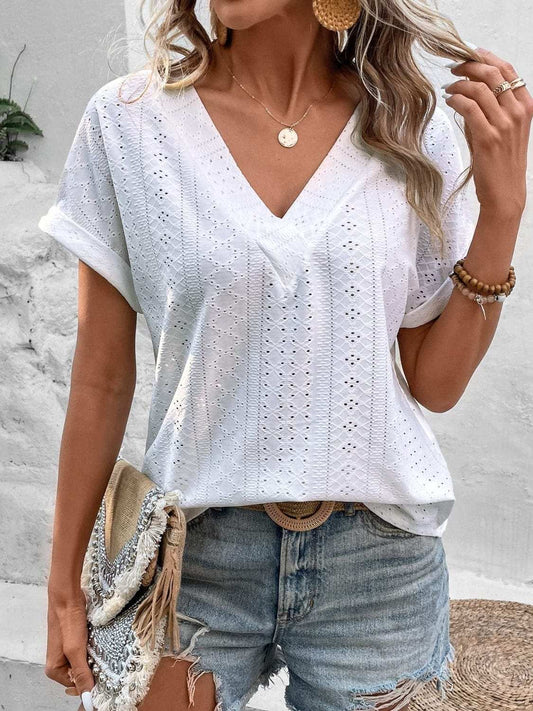 Eyelet V-Neck Short Sleeve Blouse - Trendsi - Flyclothing LLC