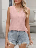 V-Neck Eyelet Knit Cami Tank Top - Trendsi - Flyclothing LLC