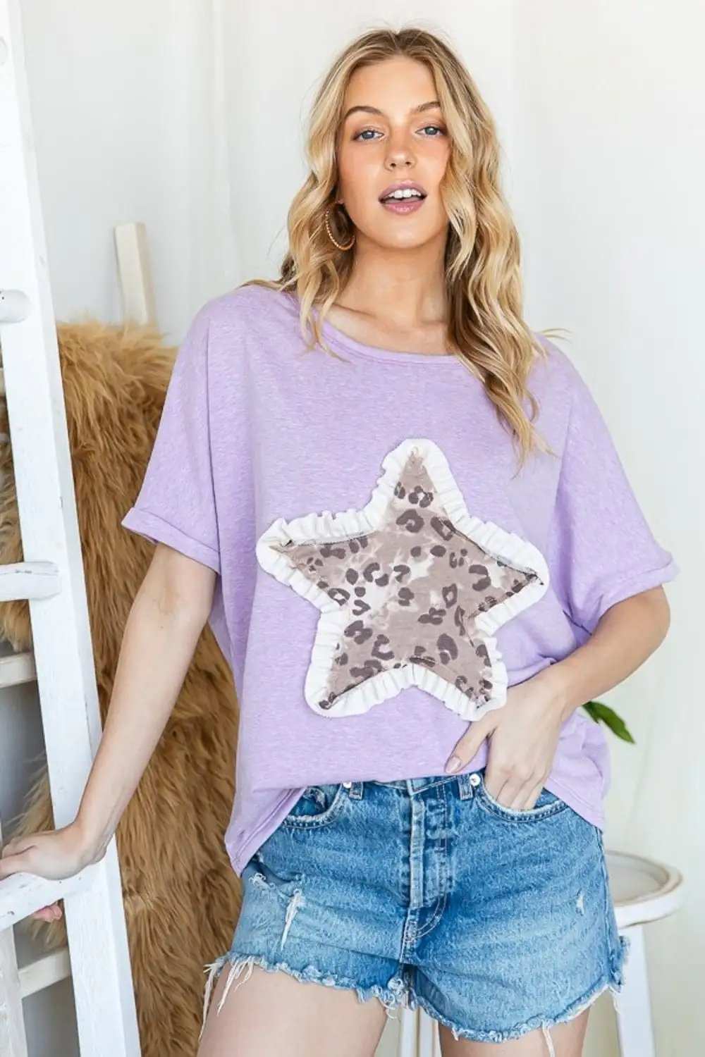 HOPELY Leopard Star Patch Short Sleeve T-Shirt - Trendsi - Flyclothing LLC
