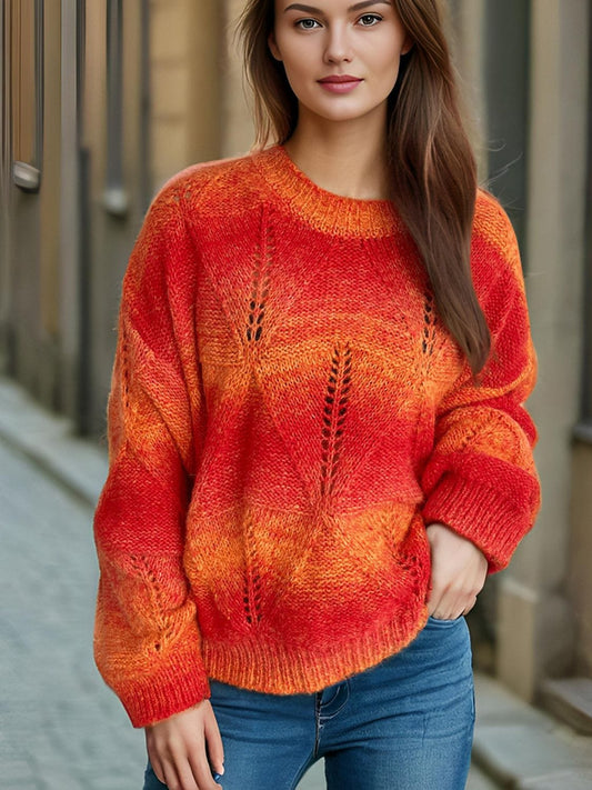 Openwork Round Neck Long Sleeve Sweater - Trendsi