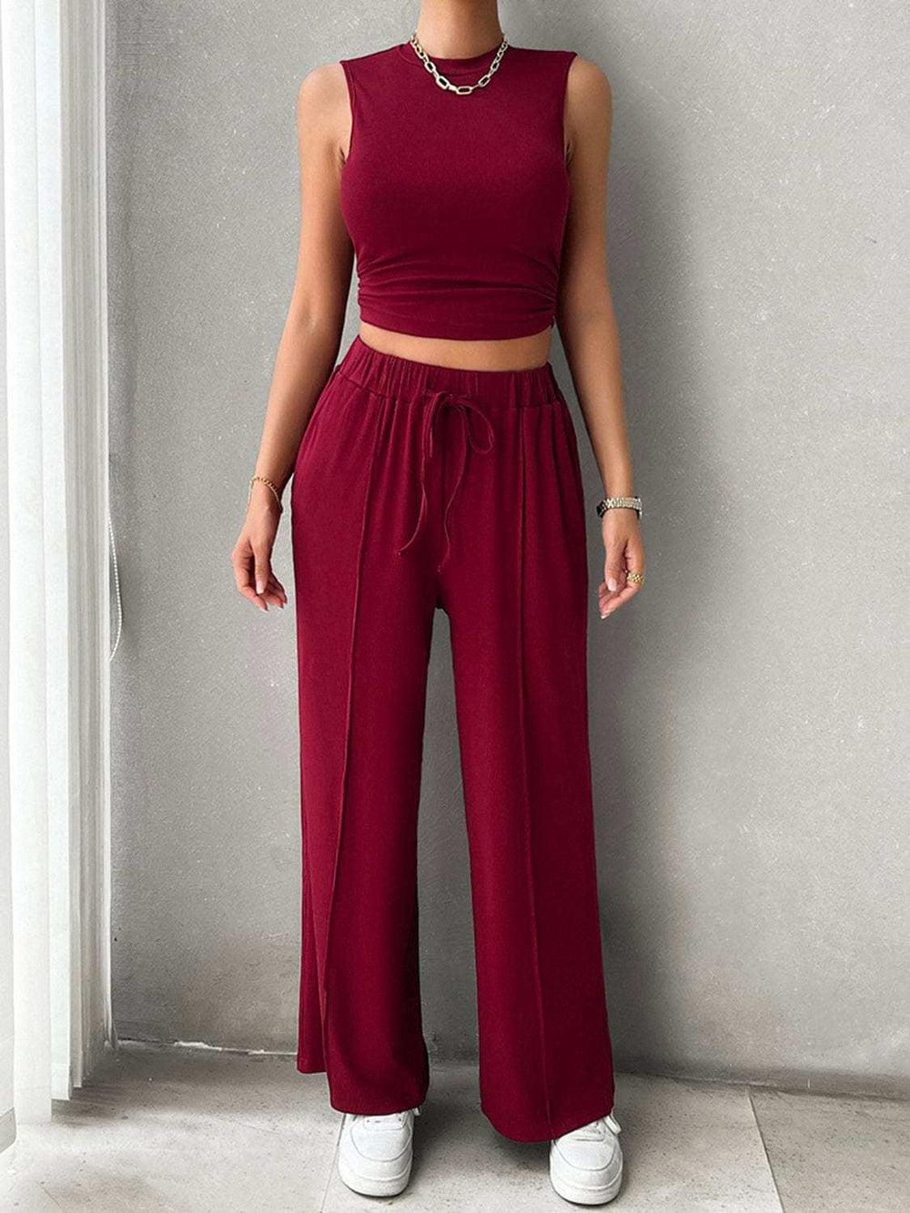 Mock Neck Sleeveless Top and Drawstring Pants Set - Trendsi - Flyclothing LLC