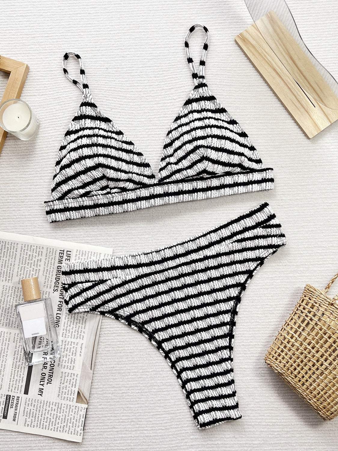 Striped V-Neck Two-Piece Swim Set - Trendsi - Flyclothing LLC