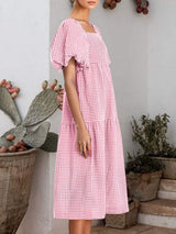 Plaid Square Neck Short Sleeve Dress - Trendsi - Flyclothing LLC