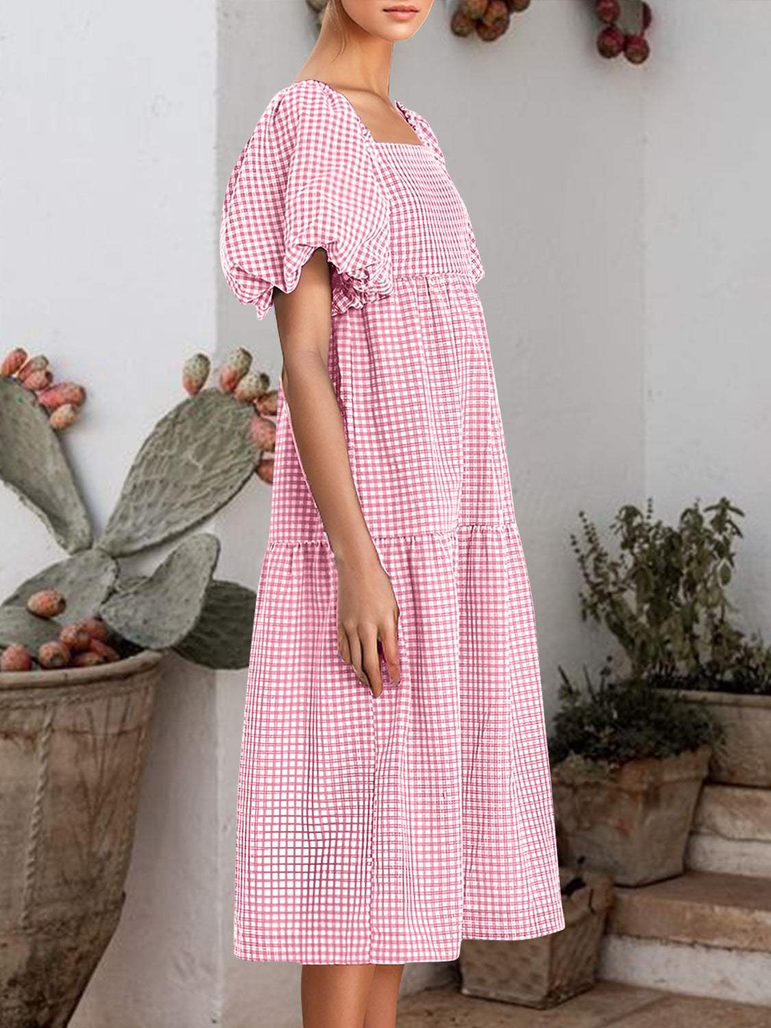 Plaid Square Neck Short Sleeve Dress - Trendsi - Flyclothing LLC
