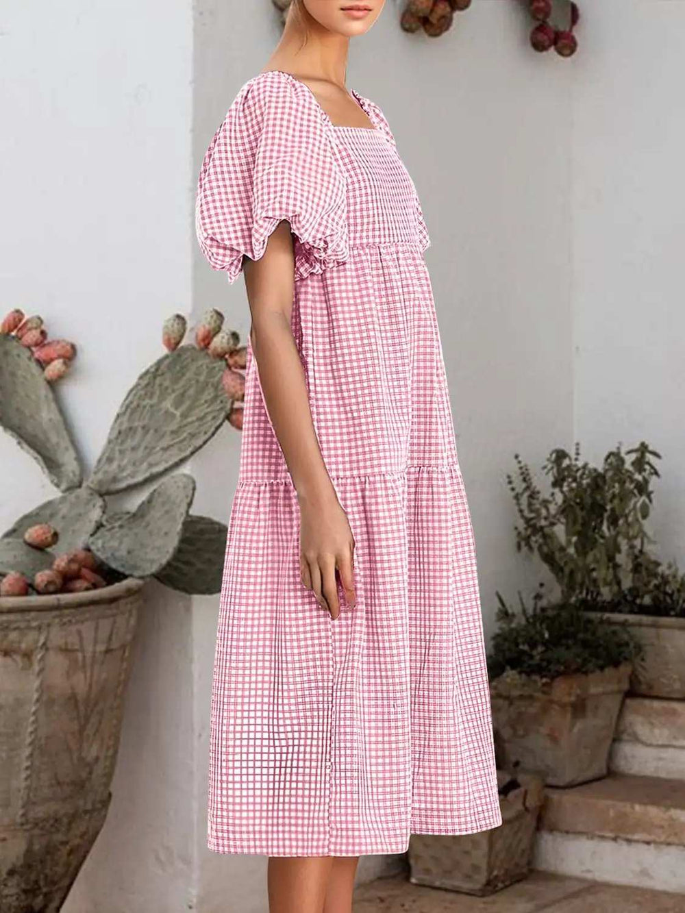 Plaid Square Neck Short Sleeve Dress - Trendsi - Flyclothing LLC