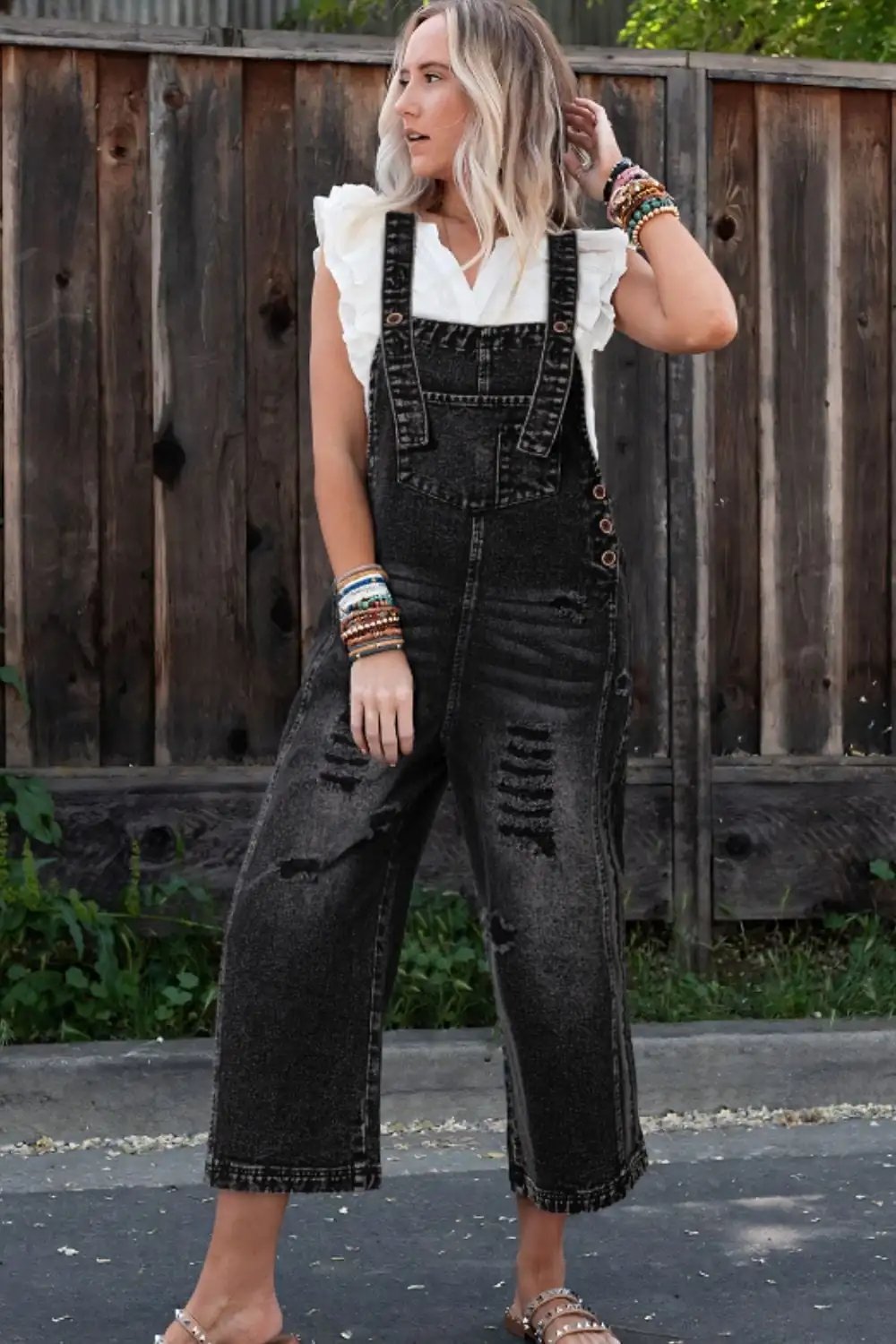 Distressed Wide Strap Denim Overalls - Trendsi