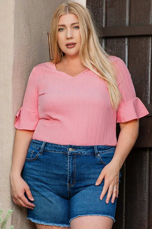 Plus Size V-Neck Half Sleeve Blouse - Trendsi - Flyclothing LLC