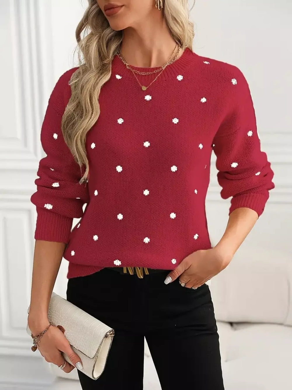 Polka Dot Long Sleeve Sweater - Trendsi - Flyclothing LLC