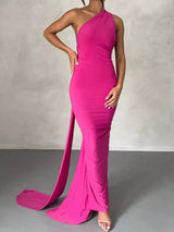 Backless One-Shoulder Ruched Bodycon Maxi Dress - Trendsi - Flyclothing LLC