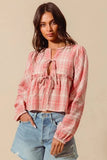 SO ME Front Tie Checkered Plaid Blouse - Trendsi