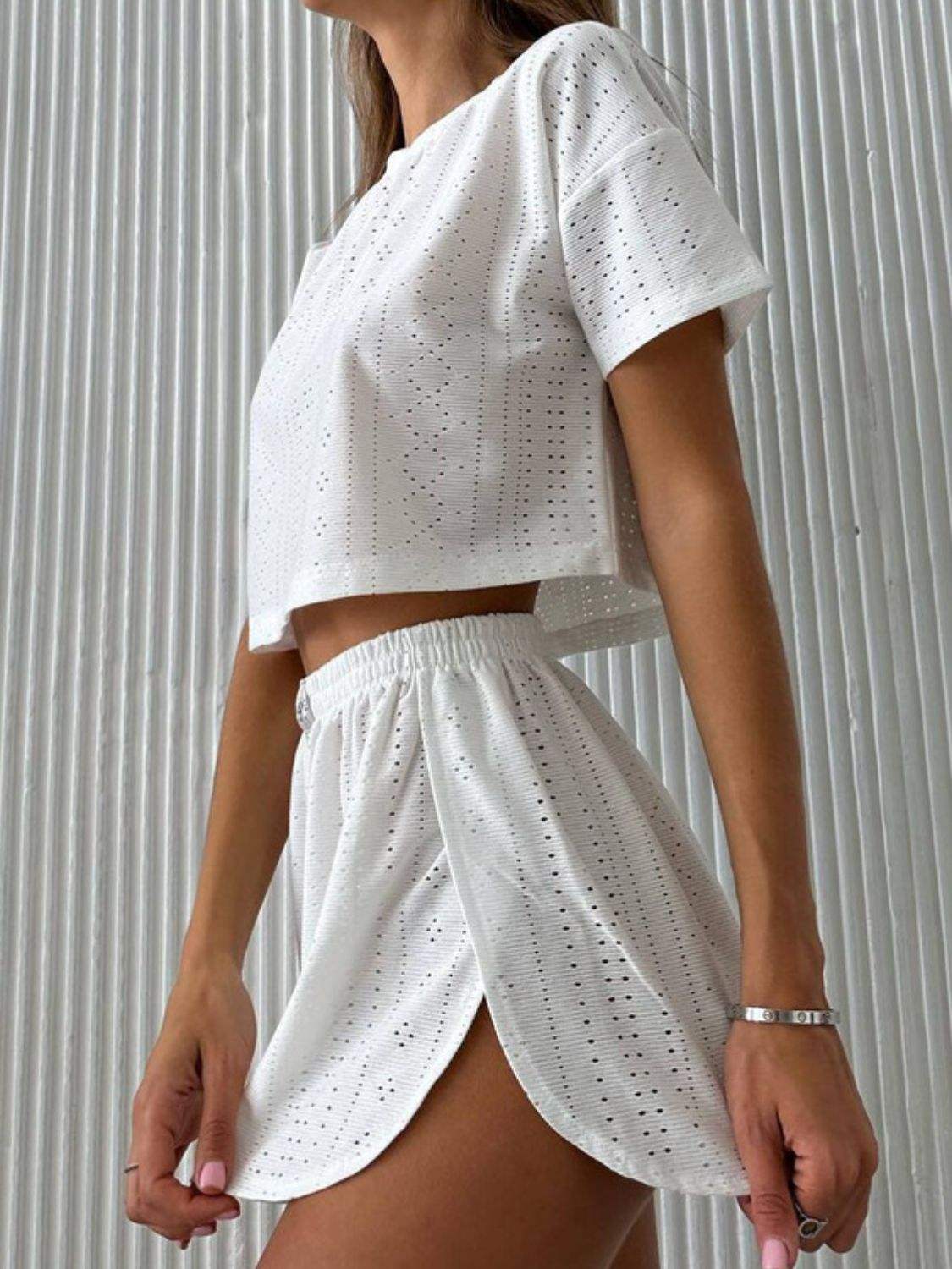 Eyelet Round Neck Top and Shorts Set - Trendsi - Flyclothing LLC