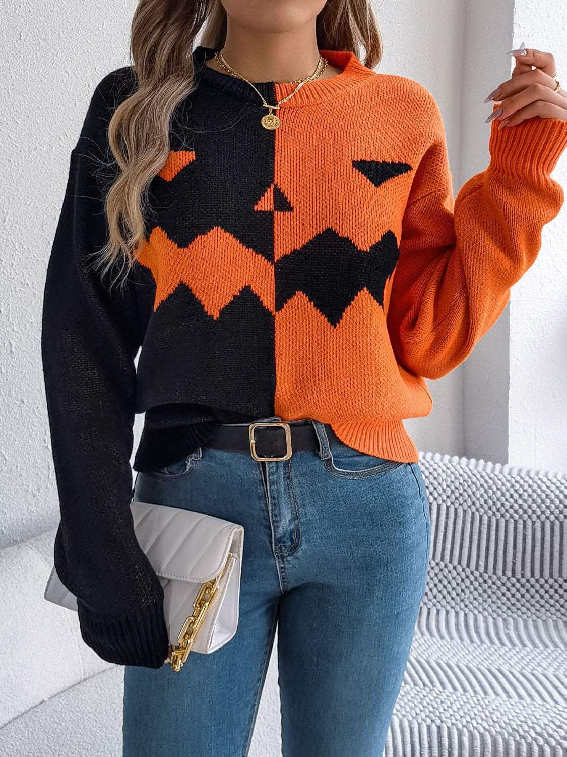 Contrast Round Neck Long Sleeve Sweater - Trendsi - Flyclothing LLC