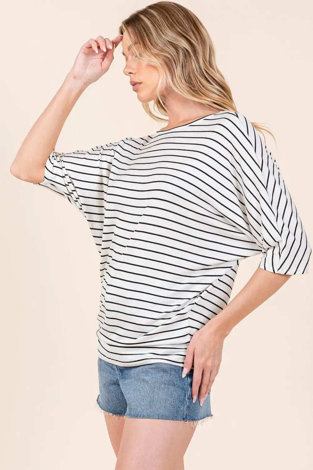BOMBOM Striped Boat Neck Dolman Sleeve Top - Trendsi - Flyclothing LLC