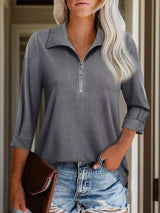 Half Zip Collared Neck Three-Quarter Sleeve T-Shirt - Trendsi - Flyclothing LLC