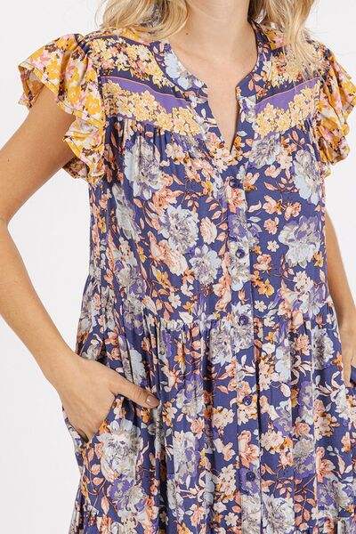 Mittoshop Floral Ruffled Notched Cap Sleeve Maxi Dress - Trendsi - Flyclothing LLC