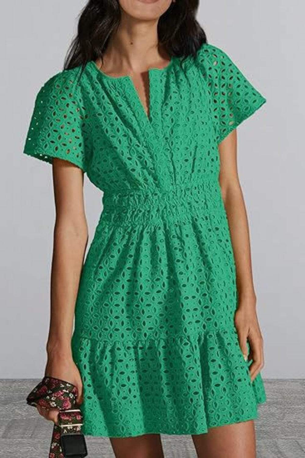 Eyelet Notched Short Sleeve Mini Dress - Trendsi - Flyclothing LLC