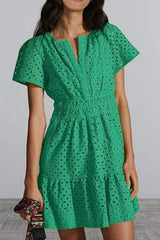 Eyelet Notched Short Sleeve Mini Dress - Trendsi - Flyclothing LLC