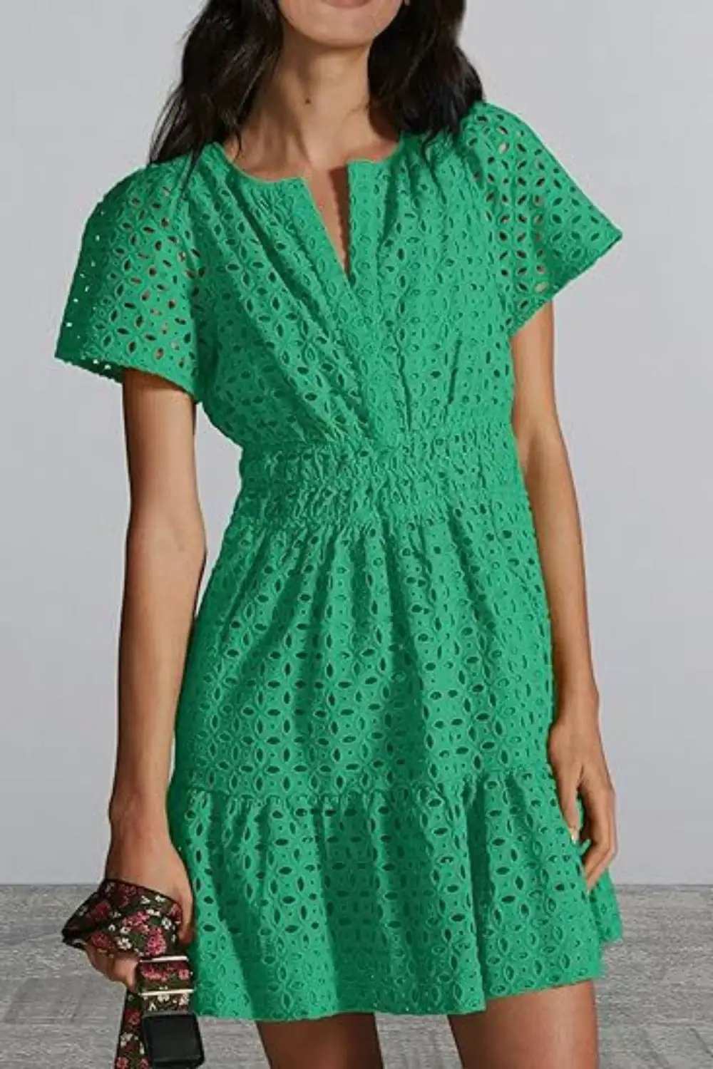 Eyelet Notched Short Sleeve Mini Dress - Trendsi - Flyclothing LLC