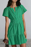 Eyelet Notched Short Sleeve Mini Dress - Trendsi - Flyclothing LLC