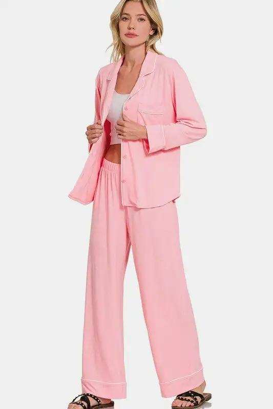 Zenana Button Down Long Sleeve Top and Pants Lounge Set - Trendsi - Flyclothing LLC