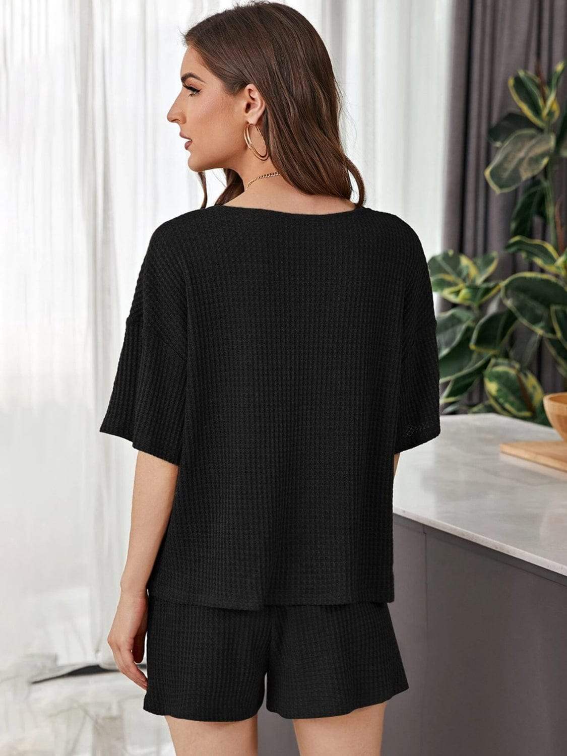 Full Size Waffle-Knit Dropped Shoulder Top and Shorts Set - Trendsi - Flyclothing LLC