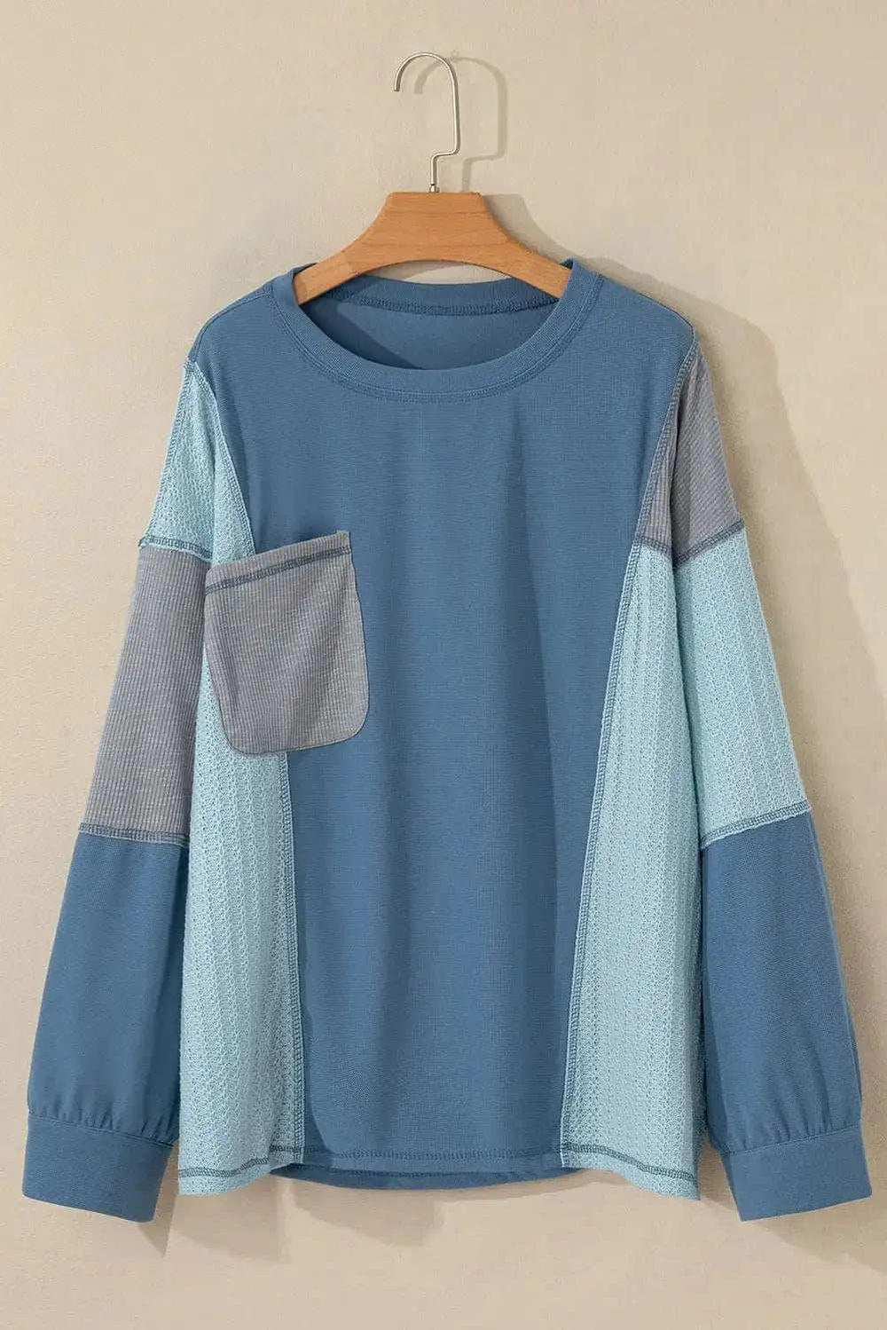 Patchwork Color Block Round Neck Long Sleeve Top - Trendsi - Flyclothing LLC