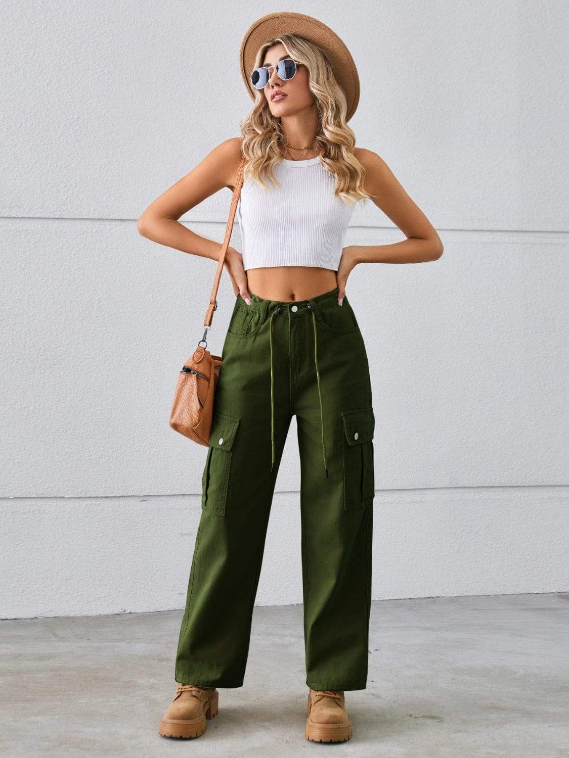 Drawstring Mid-Rise Waist Straight Cargo Jeans - Trendsi - Flyclothing LLC