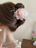 Feather Trim Flower Shape Hair Claw Clip - Trendsi - Flyclothing LLC