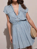 Hlaf Button Striped Cap Sleeve Mini Shirt Dress - Trendsi - Flyclothing LLC