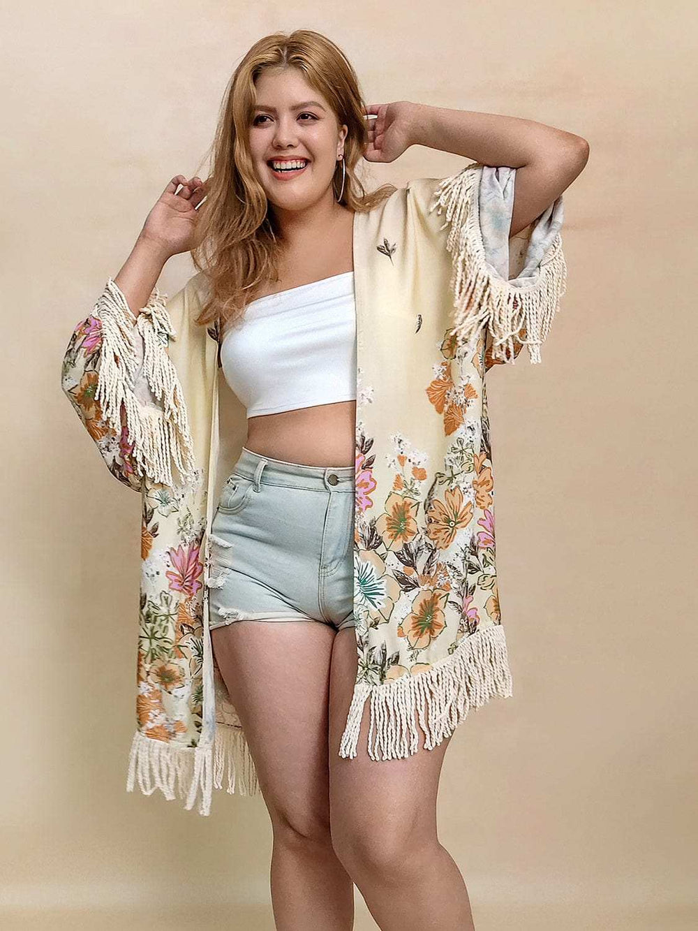 Plus Size Fringe Printed Open Front Cardigan - Trendsi - Flyclothing LLC