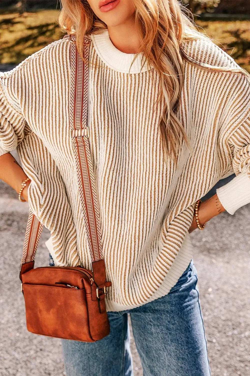 Round Neck Dropped Shoulder Sweater - Trendsi - Flyclothing LLC
