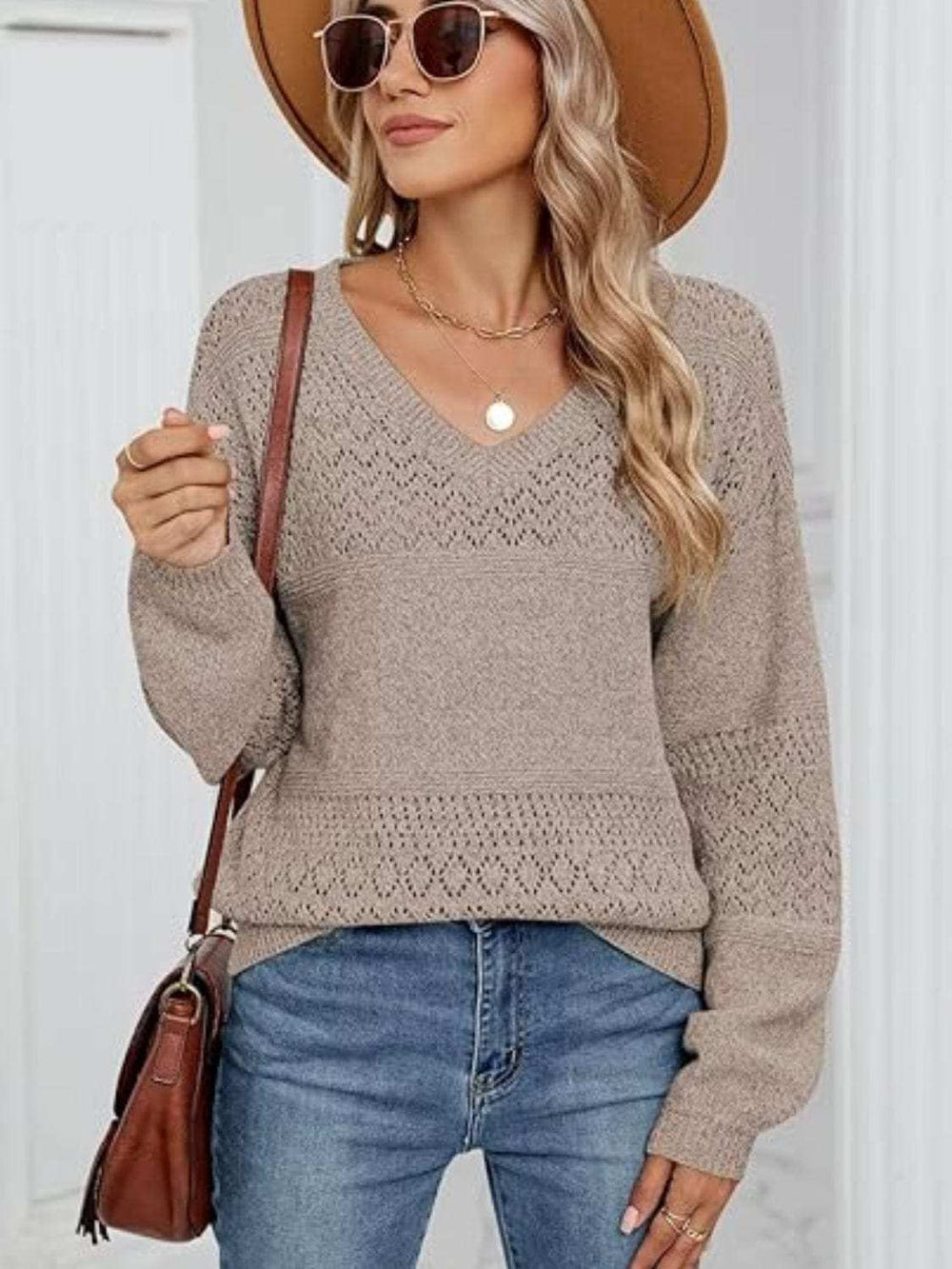 Eyelet V-Neck Long Sleeve Sweater - Trendsi - Flyclothing LLC