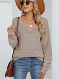 Eyelet V-Neck Long Sleeve Sweater - Trendsi - Flyclothing LLC