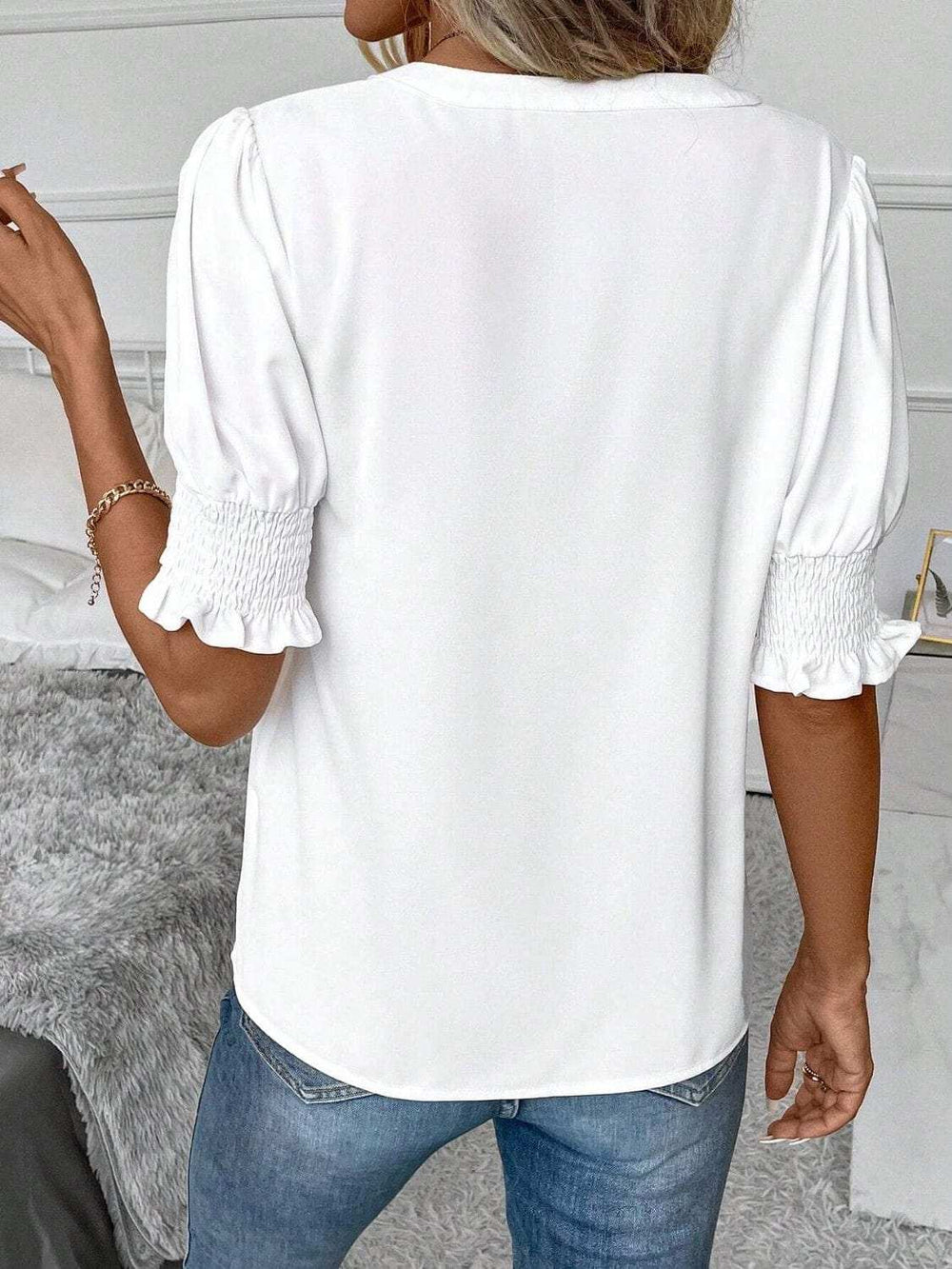 Notched Short Sleeve Blouse - Trendsi - Flyclothing LLC