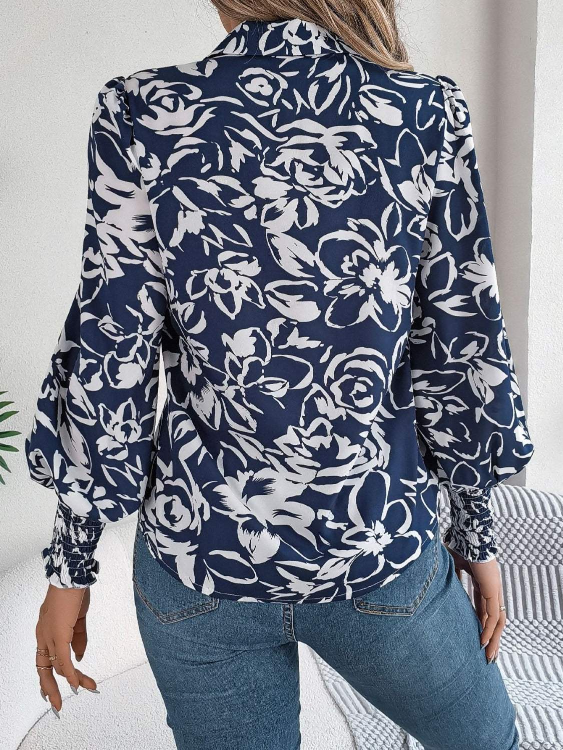 Printed Collared Neck Lantern Sleeve Shirt - Trendsi - Flyclothing LLC