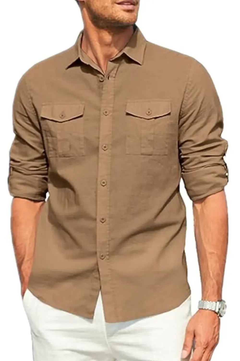 Men's Plus Size Button Down Collared Neck Long Sleeve Shirt - Trendsi - Flyclothing LLC