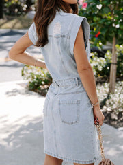 Distressed Half Button Sleeveless Denim Dress - Trendsi