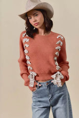 SO ME Checkered Plaid Tape Lace Up Ribbed Sweater - Trendsi - Flyclothing LLC