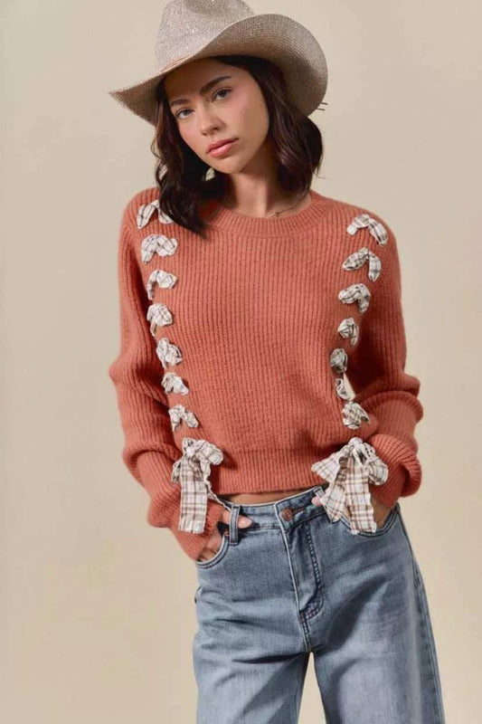 SO ME Checkered Plaid Tape Lace Up Ribbed Sweater - Trendsi - Flyclothing LLC