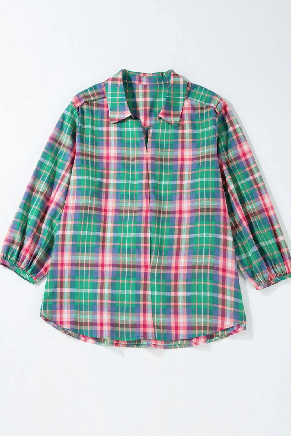 Plaid Collared Neck Three-Quarter Sleeve Shirt - Trendsi - Flyclothing LLC