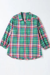 Plaid Collared Neck Three-Quarter Sleeve Shirt - Trendsi - Flyclothing LLC