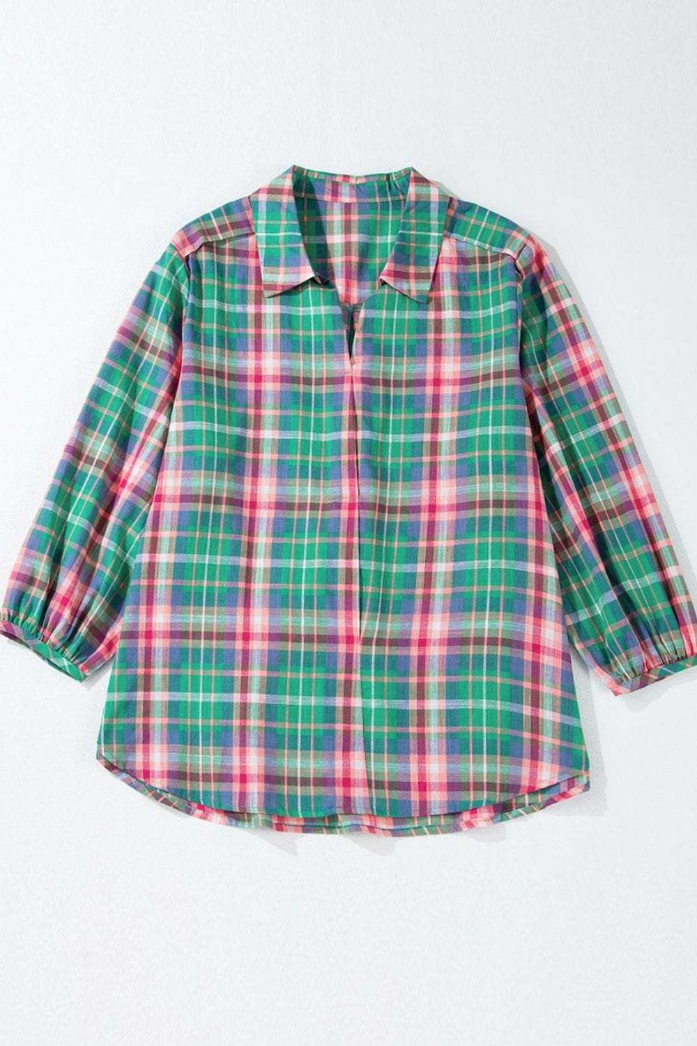 Plaid Collared Neck Three-Quarter Sleeve Shirt - Trendsi - Flyclothing LLC