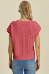 Double Take Full Size Cable-Knit Round Neck Short Sleeve Sweater - Trendsi - Flyclothing LLC