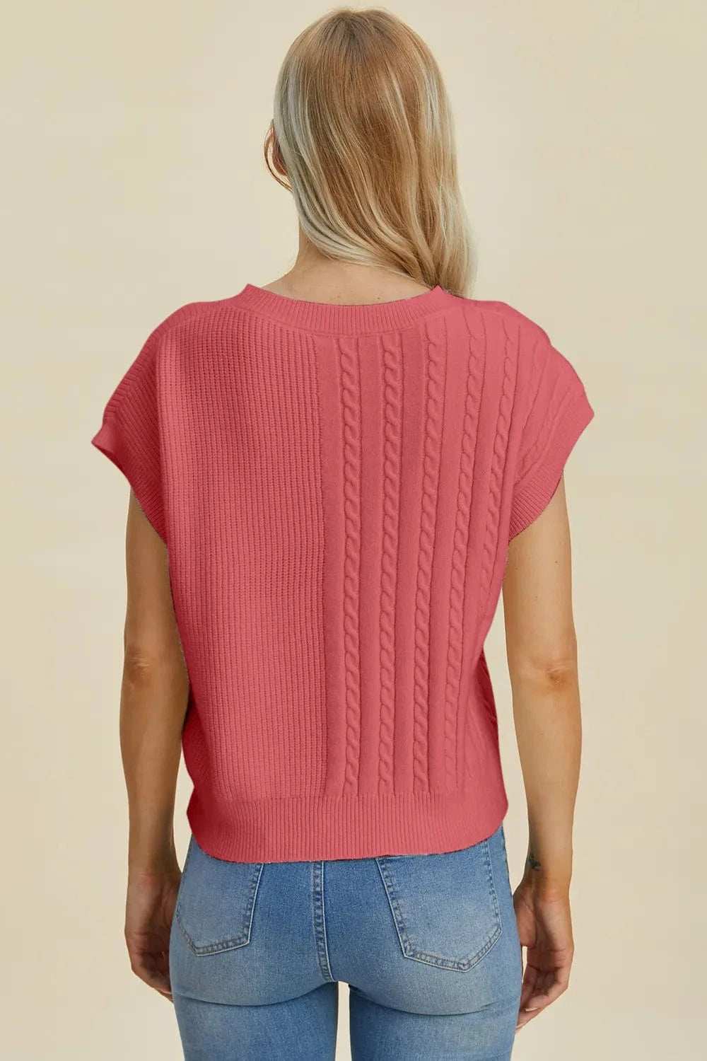 Double Take Full Size Cable-Knit Round Neck Short Sleeve Sweater - Trendsi - Flyclothing LLC