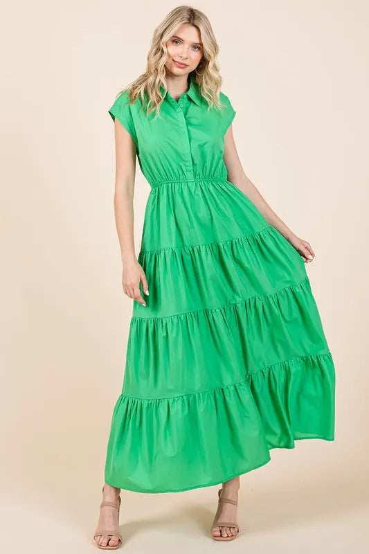 Mittoshop Button Up Collared Tiered Maxi Shirt Dress - Trendsi - Flyclothing LLC