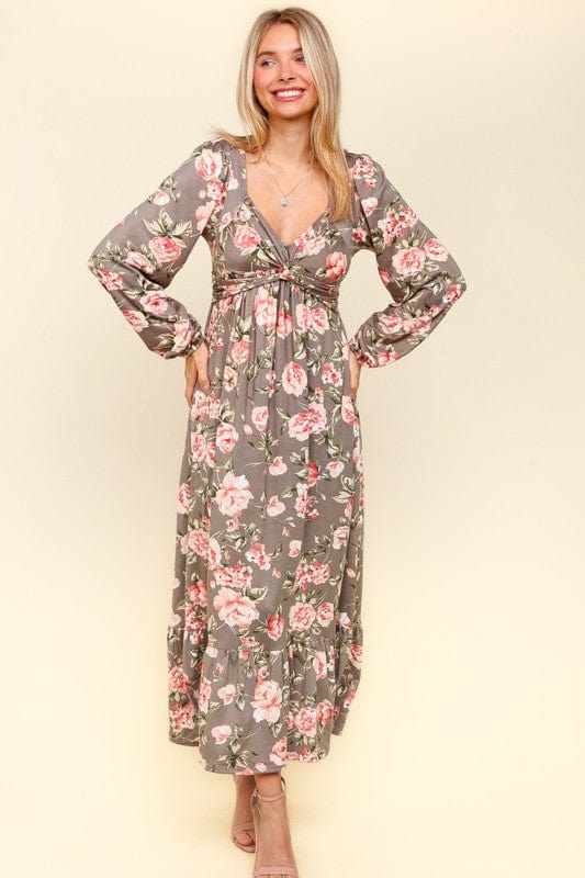 Haptics Twisted Detail Ruffled Hem Floral Dress with Side Pockets - Trendsi