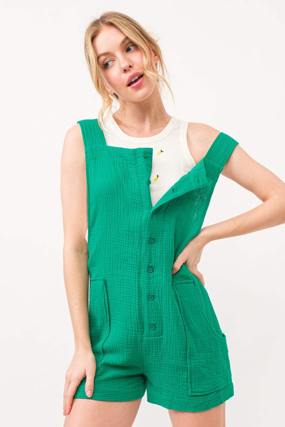 And The Why Button Up Tie Back Sleeveless Romper - Trendsi - Flyclothing LLC