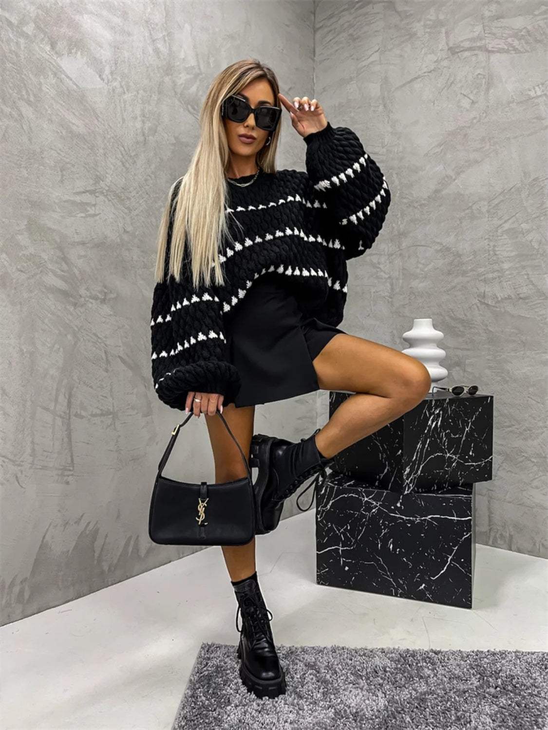 Contrast Round Neck Long Sleeve Sweater - Trendsi - Flyclothing LLC