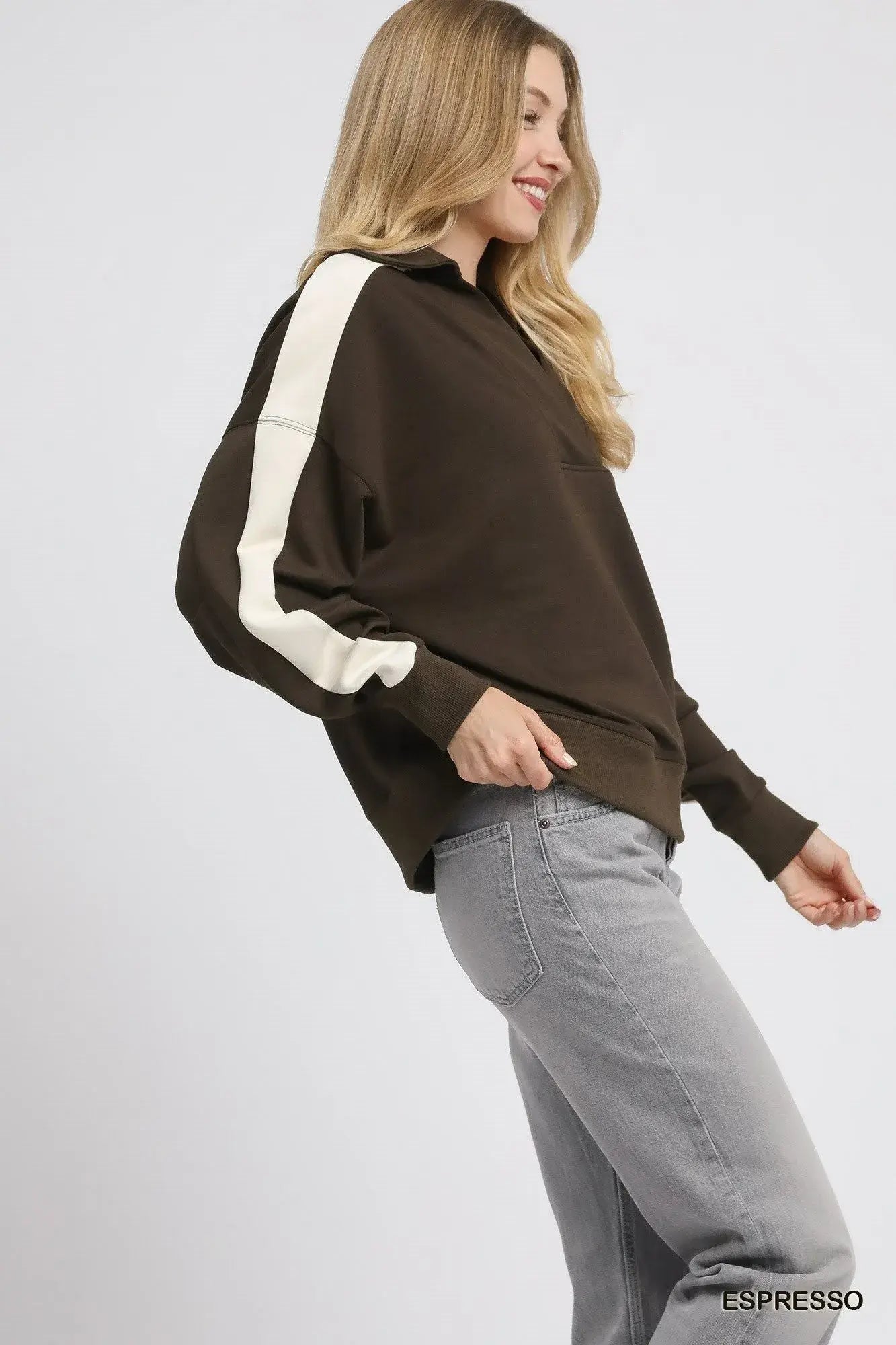 Umgee Color Block Polo Sweatshirt - Trendsi - Flyclothing LLC