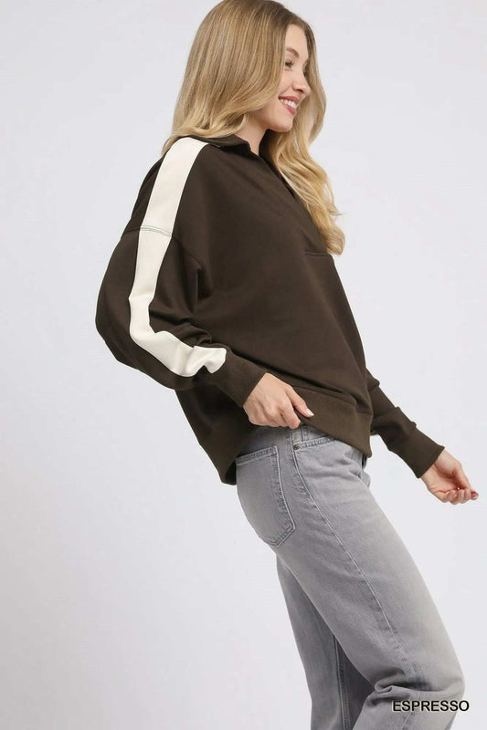 Umgee Color Block Polo Sweatshirt - Trendsi - Flyclothing LLC